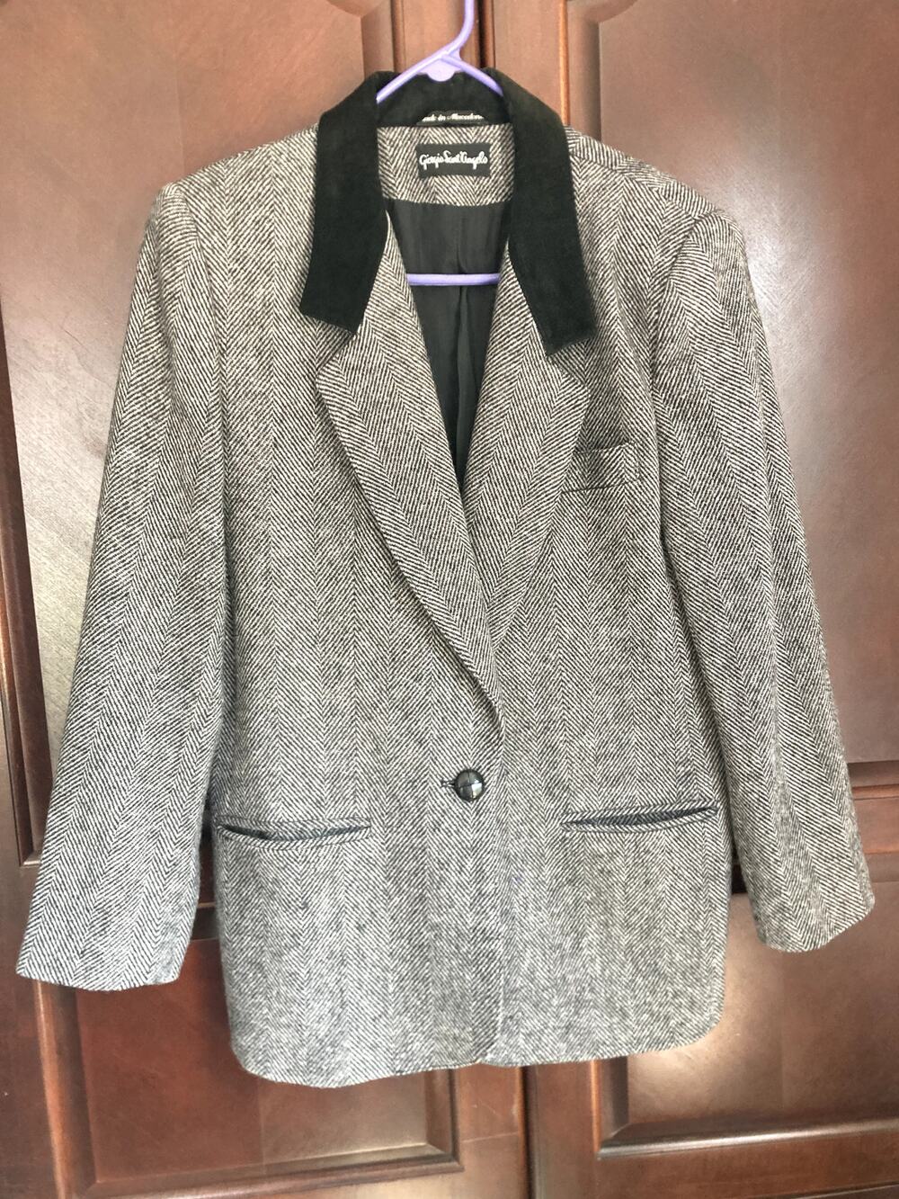 Giorgio Sant'Angelo-Old Money Chic Vintage Tweed Herringbone Suede Wool Blazer-M